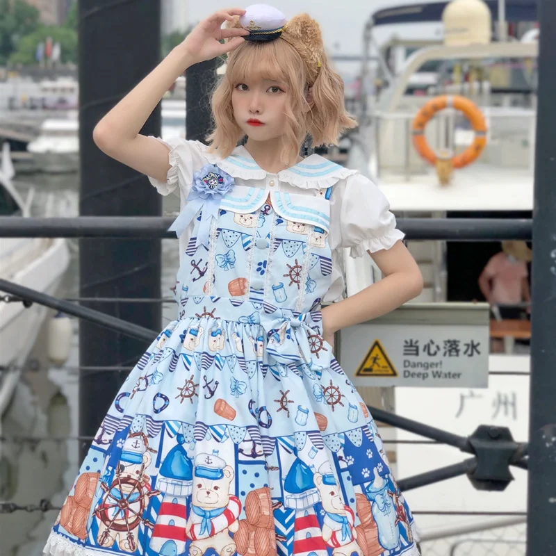 Japanese Kawaii Lolita Dress Sailing Bear Printing Dress Sweet Blue Strap Jsk Dress Blue Color Summer Bowknot Dresses
Japanese Kawaii Lolita Dress Sailing Bear Printing Dress Sweet Blue Strap Jsk Dress Blue Color Summer Bowknot Dresses