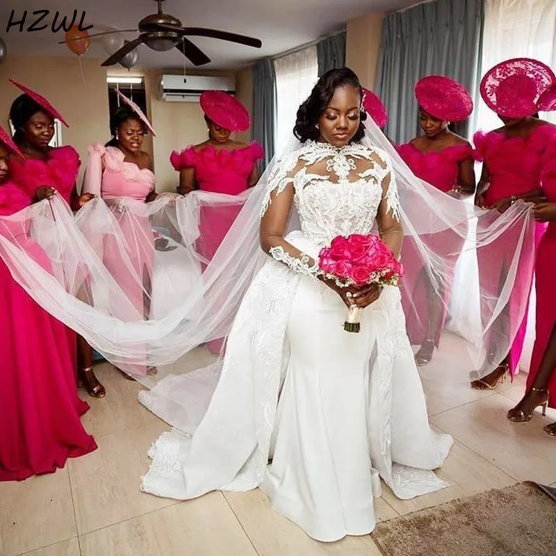 African Plus Size Wedding Dresses With Detachable Train 2020 Satin And Lace Sheer Neck Long Sleeve Mermaid Bridal Dress Vestidos
African Plus Size Wedding Dresses With Detachable Train 2020 Satin And Lace Sheer Neck Long Sleeve Mermaid Bridal Dress Vestidos