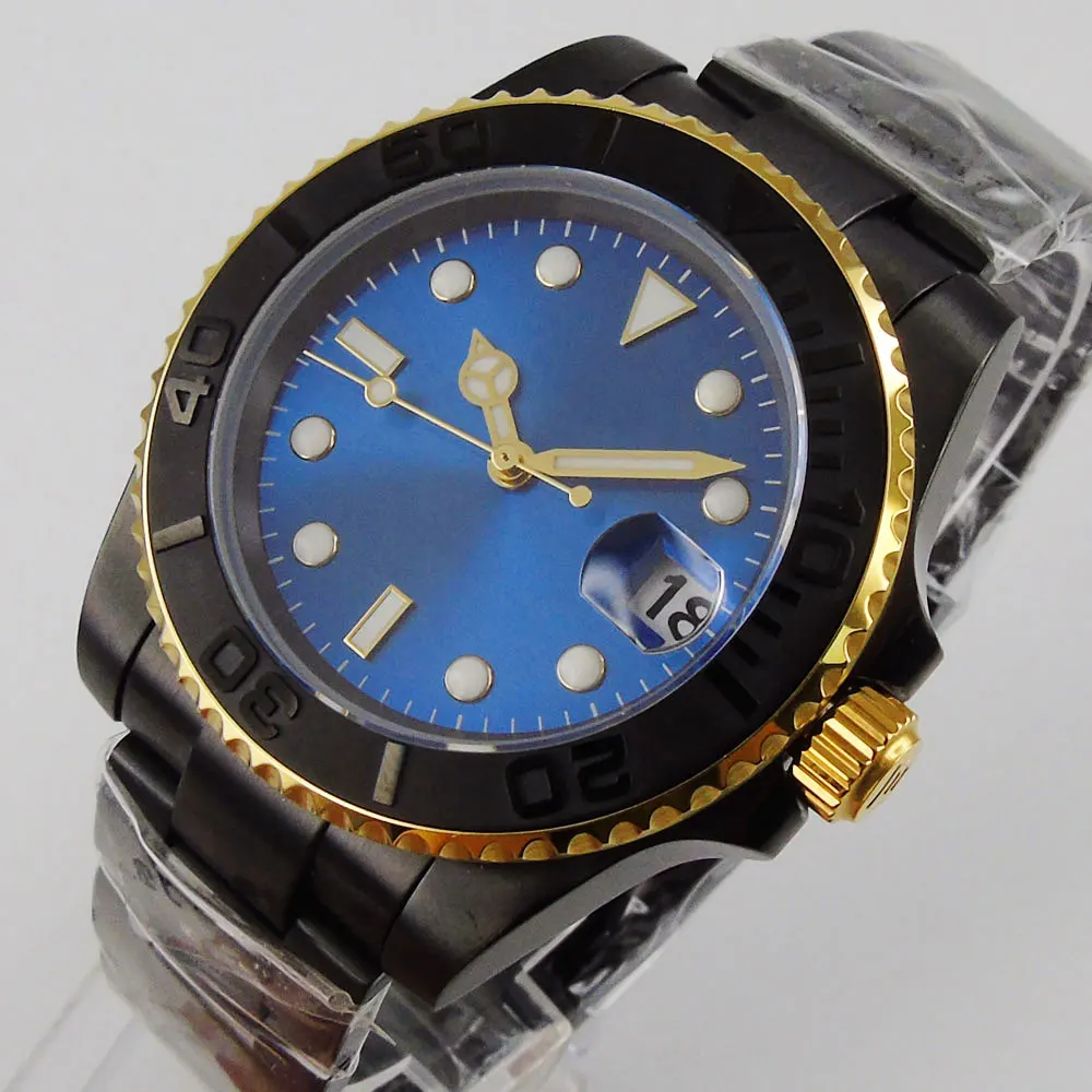 

40mm Sterile Blue Dial Luminous PVD Coated Brushed Ceramic Bezel Sapphire Glass NH35 Date Automatic Mens Watch