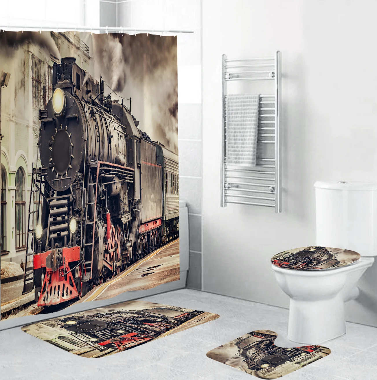3D Locomotive Fabric Shower Curtains Gray Smoke Train Bathroom Curtain Anti-skid Rugs Toilet Lid Cover Bath Mat Set Home Decor
3D Locomotive Fabric Shower Curtains Gray Smoke Train Bathroom Curtain Anti-skid Rugs Toilet Lid Cover Bath Mat Set Home Decor