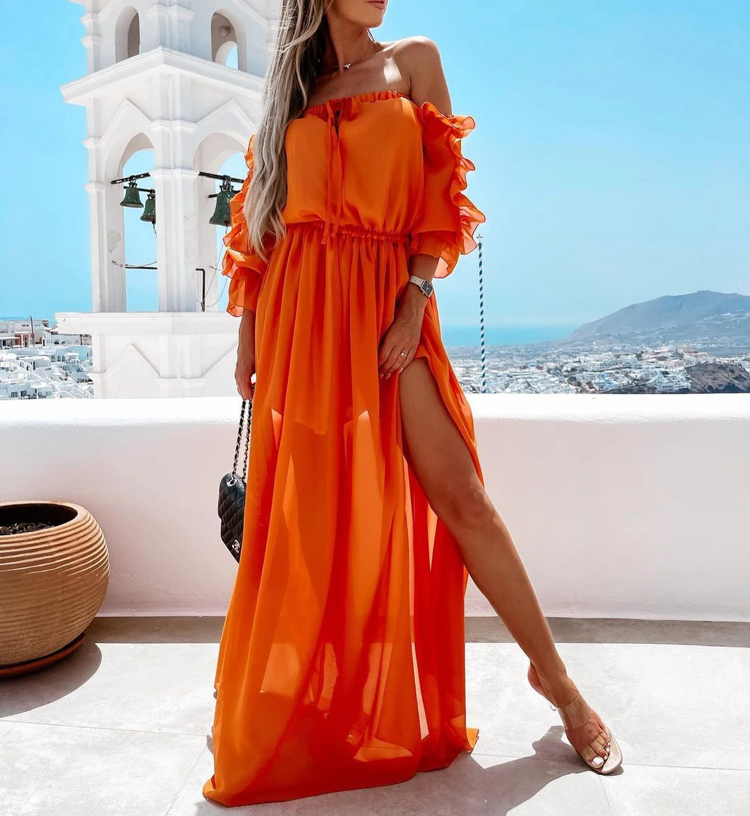 New Women Solid Color Long Dress 3/4 Sleeve Off-shoulder Side Split Elastic Waist Dress with Ruffles
New Women Solid Color Long Dress 3/4 Sleeve Off-shoulder Side Split Elastic Waist Dress with Ruffles