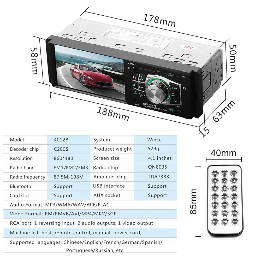 Auto Accessories 12V 4012B 4.1" Car MP5 Player Bluetooth Stereo In-dash Audio Radio FM TF USB AUX Support 7 Colors Backlight
Auto Accessories 12V 4012B 4.1" Car MP5 Player Bluetooth Stereo In-dash Audio Radio FM TF USB AUX Support 7 Colors Backlight