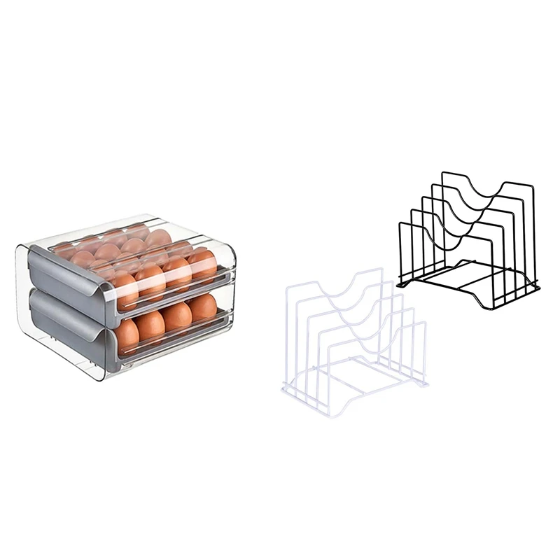 2 Pack 4 Slots Kitchen Pot Pan Lid Rack Holder Organizer with 32 Grid Egg Storage Double-Layer Drawer Type Egg Box
2 Pack 4 Slots Kitchen Pot Pan Lid Rack Holder Organizer with 32 Grid Egg Storage Double-Layer Drawer Type Egg Box