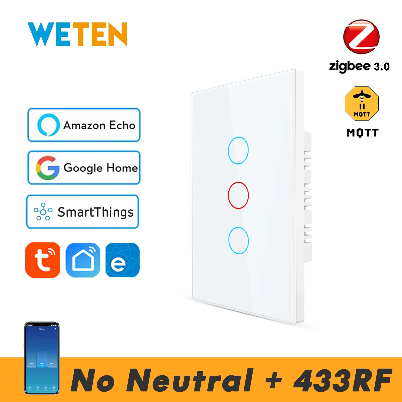 Zigbee Smart Wifi Wall Light Switch No Neutral 433 RF, Support Tuya eWeLink Sonoff Smartthings Hub Zigbee2mqtt Alexa Google Home
Zigbee Smart Wifi Wall Light Switch No Neutral 433 RF, Support Tuya eWeLink Sonoff Smartthings Hub Zigbee2mqtt Alexa Google Home