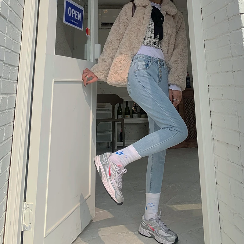 Soft Glutinous Girl ~ Korean Autumn and Winter High Waist Slimming Denim Trousers Single-Breasted Stretch Slim Fit Ankle Tight
Soft Glutinous Girl ~ Korean Autumn and Winter High Waist Slimming Denim Trousers Single-Breasted Stretch Slim Fit Ankle Tight