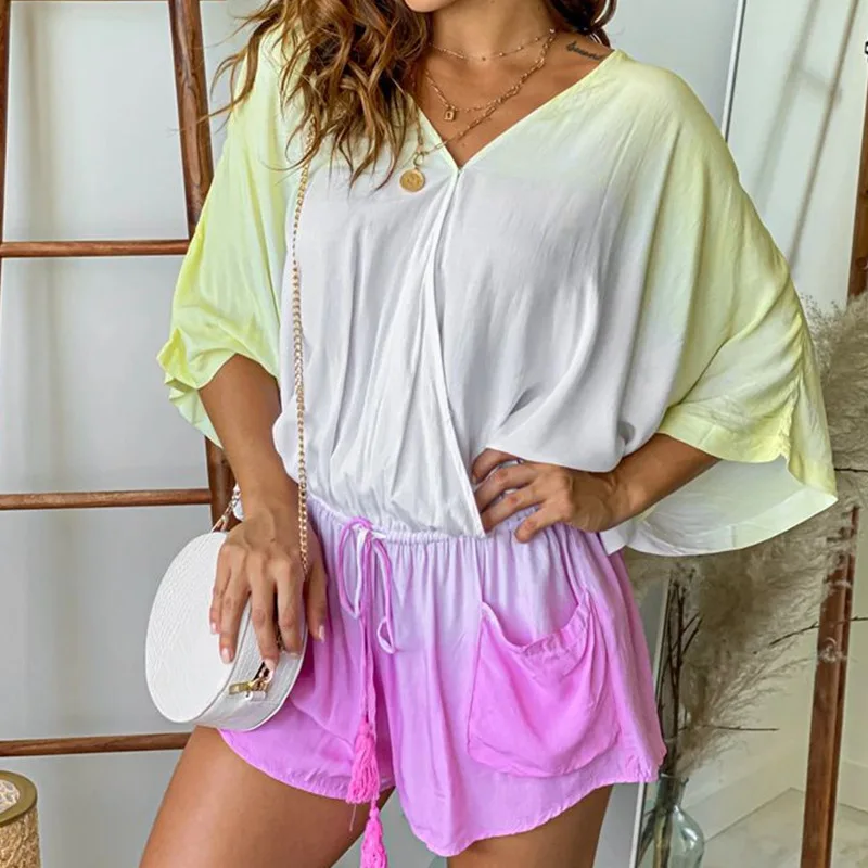 

2021 Summer Outfit Female New Women Playsuit Gradient Color Batwing Sleeve V-neck Drawstring Pockets Loose Straight Playsuits