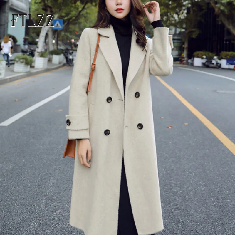 Осенне зимнее шерстяное пальто Новые Модные женские средняя Длинная Верхняя