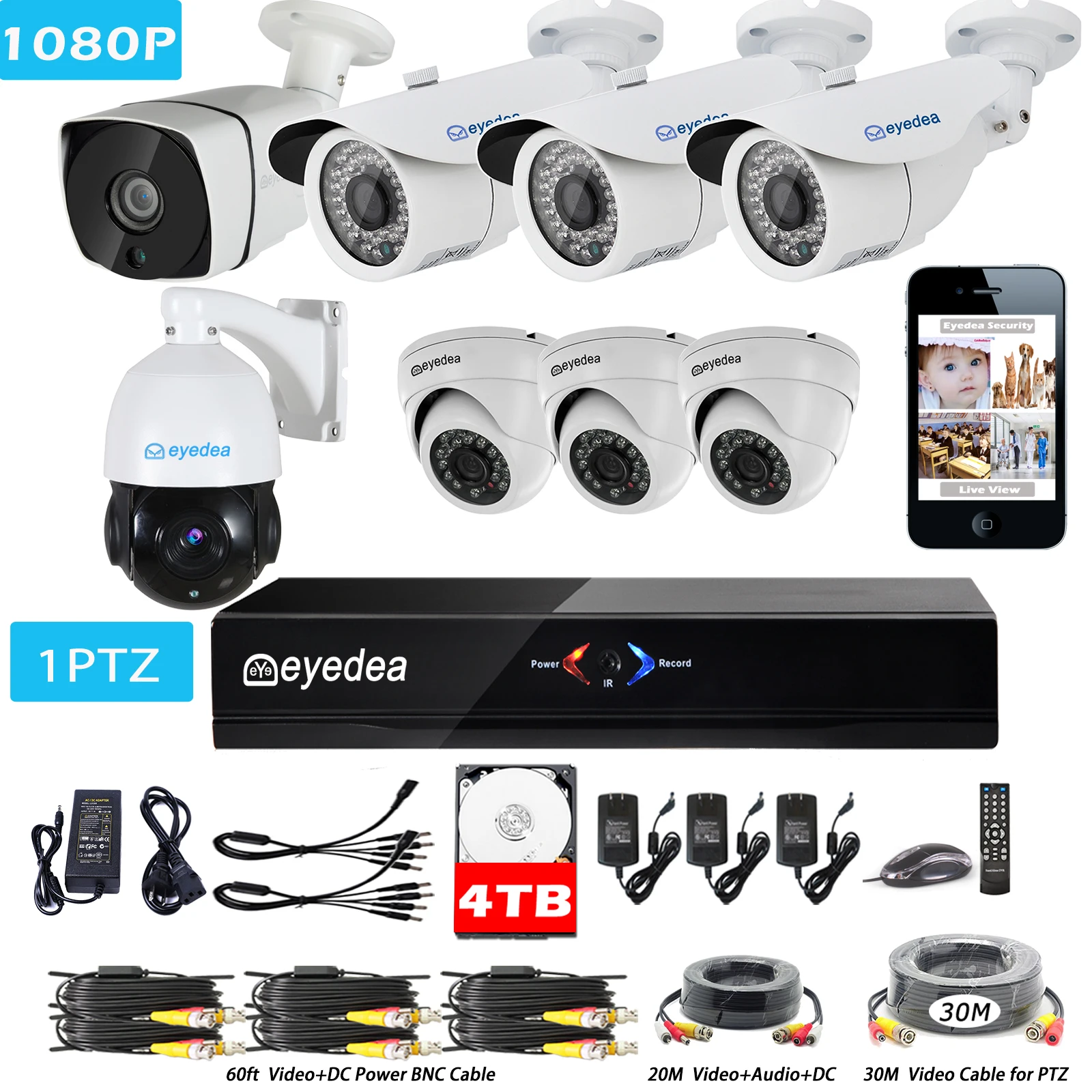 Эйедея 8 CH DVR 1080P 36x зум PTZ Крытый аудио пуля купол открытый телефон ночное видение