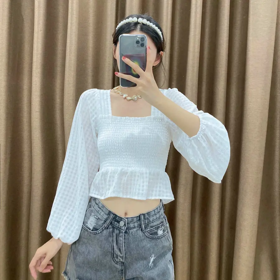 Women White Cropped Blouses Square Neckline Lantern Long Sleeve Shirring Design Gingham Bolero Top Above the Belly Button Wear
Women White Cropped Blouses Square Neckline Lantern Long Sleeve Shirring Design Gingham Bolero Top Above the Belly Button Wear
