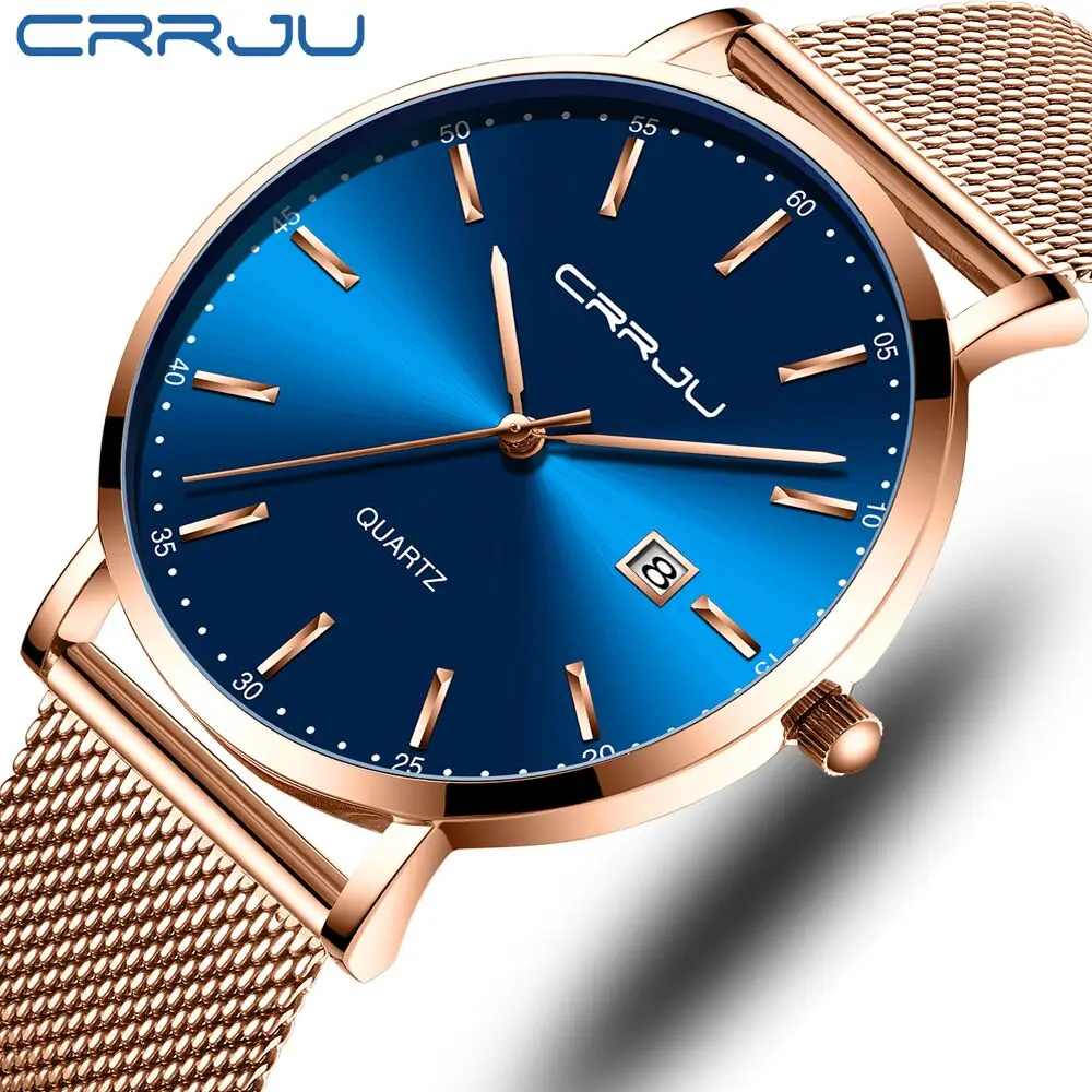 

Классические деловые кварцевые часы CRRJU с розовым сетчатым ремешком, стильные мужские водонепроницаемые часы с датой, мужские часы, Прямая ...
