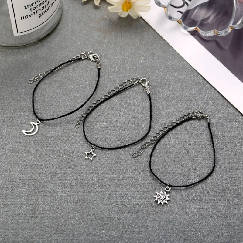 2021 New 3 Pcs Set Retro Star Moon Sun Pendant Anklets Women Fashion Barefoot Chain Jewelry