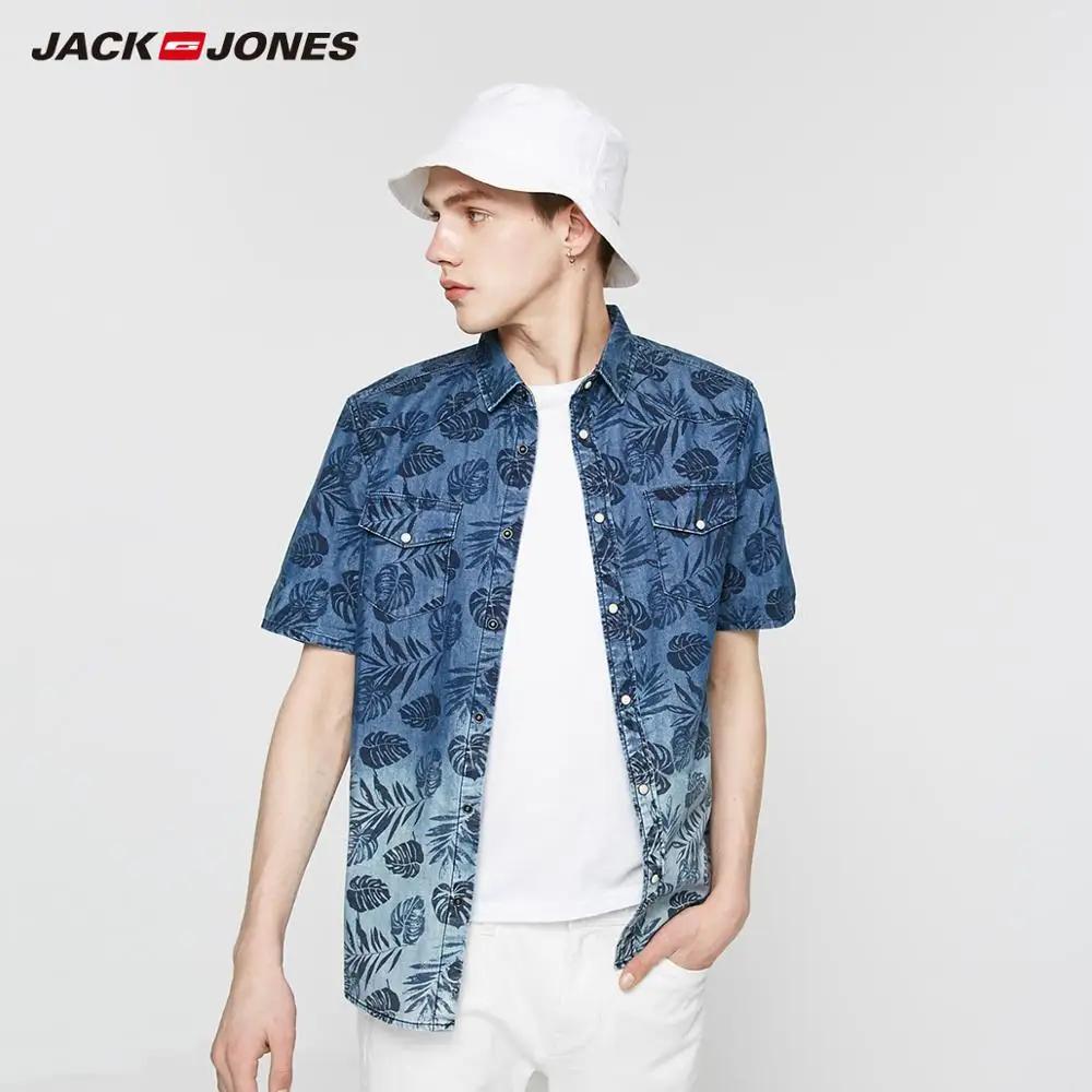 JackJones Для мужчин's 100% хлопок с тропическим принтом короткими рукавами джинсовая