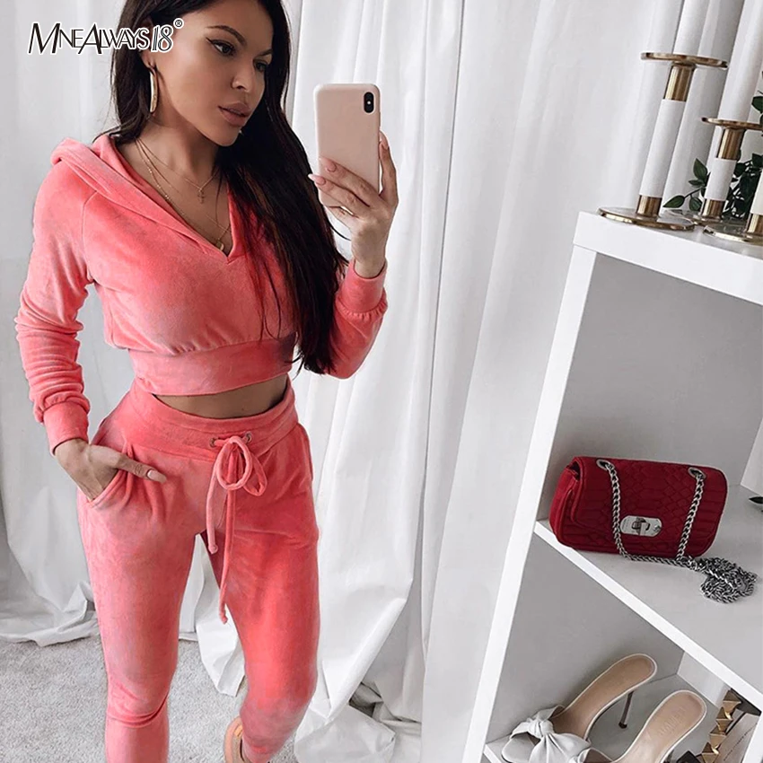 Mnealways18 повседневный комплект из двух предметов с капюшоном Топ и штаны на