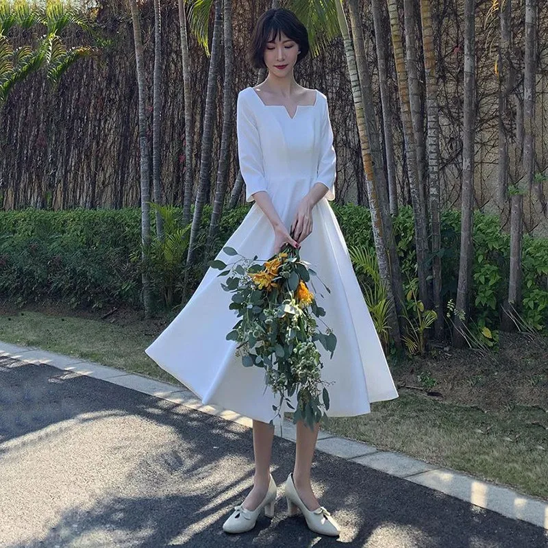 Office Lady Elegant Square Collar Formal Party Dress Exquisite Sweet Bow Trim Banquet Gown White Temperament Pleated Dresses 
Office Lady Elegant Square Collar Formal Party Dress Exquisite Sweet Bow Trim Banquet Gown White Temperament Pleated Dresses