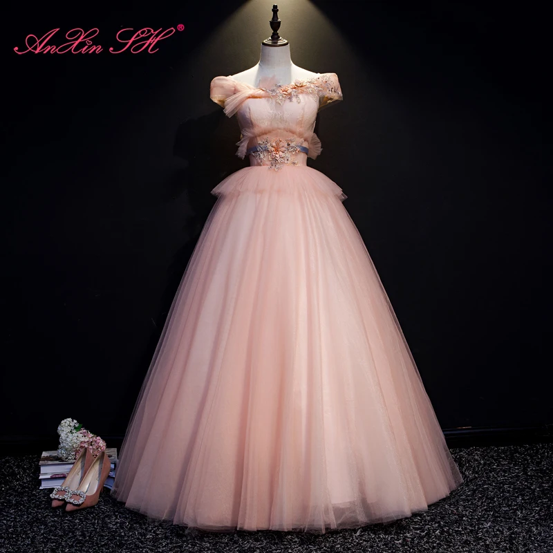 

Женское винтажное вечернее платье AnXin SH, розовое кружевное платье принцессы с вышивкой цветами, вырезом лодочкой, бусинами, кристаллами и оборками, с бантом, для невесты