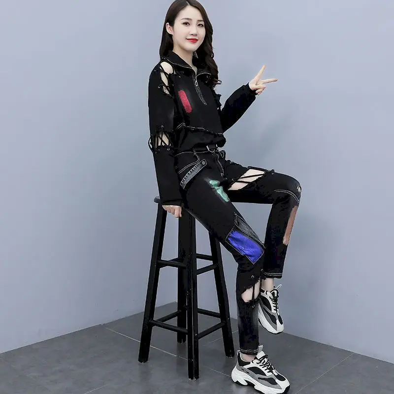 Womens Suits Personalized Handsome Suits Ripped Pants Street-fried Cool Jacket Two Piece Sets Jean Jacket Women Sets Autumn New
Womens Suits Personalized Handsome Suits Ripped Pants Street-fried Cool Jacket Two Piece Sets Jean Jacket Women Sets Autumn New