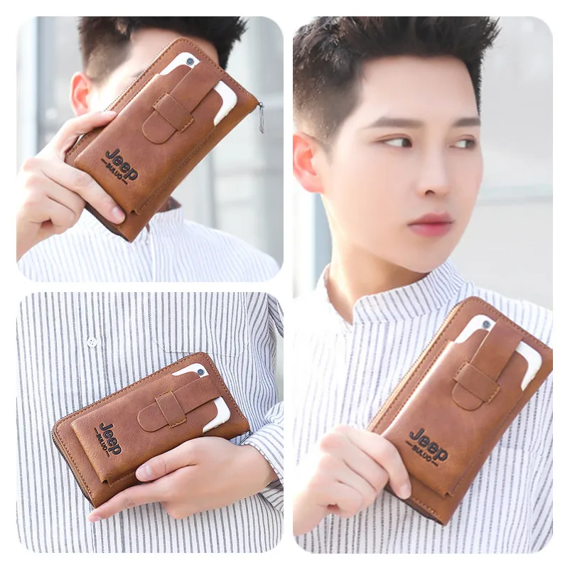 Мужской кожаный клатч JEEP BULUO коричневый брендовый кошелек для телефона роскошная
