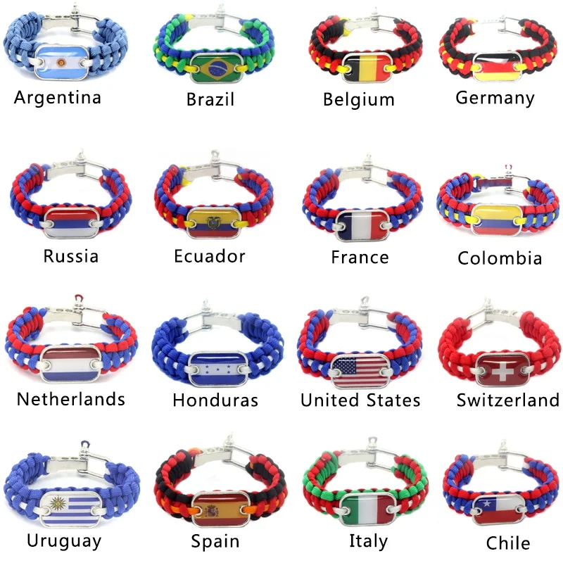 

Soccer Fans Zinc Alloy Hand-Woven Rope Strap 16 Countries Flag Soccer Football Fans Souvenir