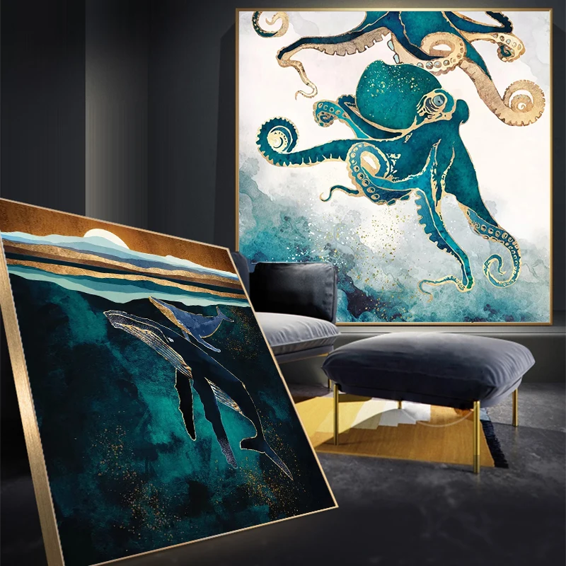 

Nordic Ocean Octopus Animal Dolphin Sea Landscape Canvas Painting Modern Jellyfish Poster Print Wall Art Picture Bedroom Decor