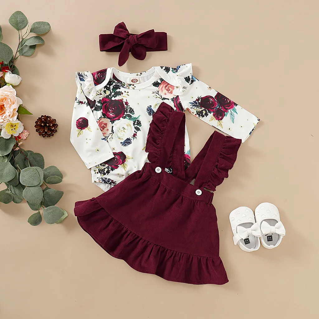 2020 Toddler Long Sleeve Floral Romper Bodysuit+Suspender Skirts Outfits 2Pcs Fashion Casual Outfit Set Baby Girl Clothes | Мать и
