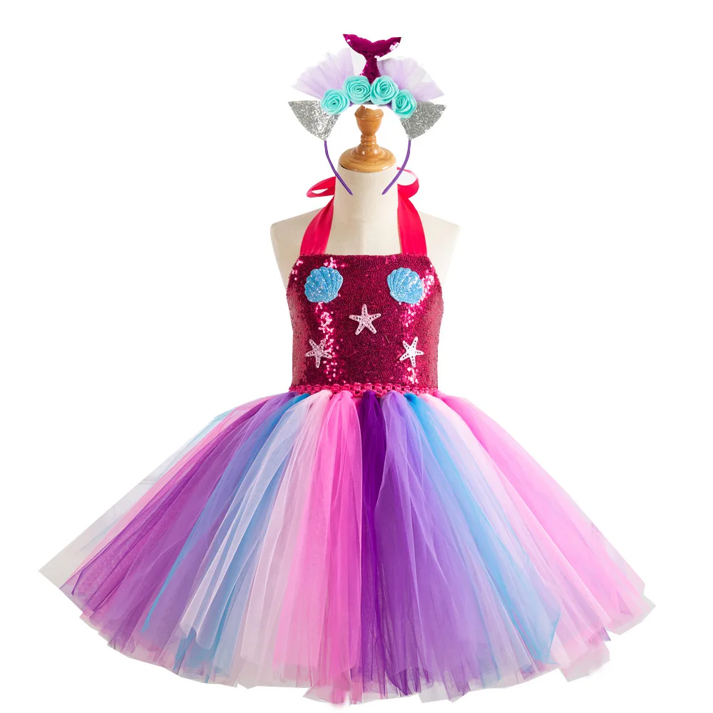 Children's spring mermaid sequin girl dress sent tiara cartoon starfish sea bass mesh dress 
Children's spring mermaid sequin girl dress sent tiara cartoon starfish sea bass mesh dress