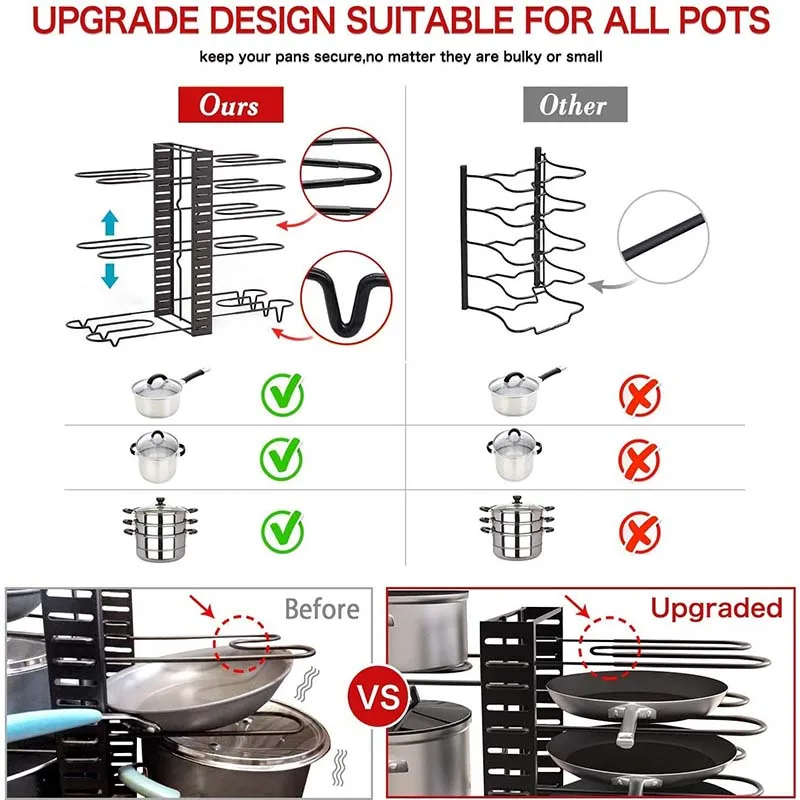 Pot and Pan Organizer for Cabinet Adjustable 8 Non-Slip Tiers Pot Rack with 3 DIY Methods Kitchen Organizer Rack for Pan
Pot and Pan Organizer for Cabinet Adjustable 8 Non-Slip Tiers Pot Rack with 3 DIY Methods Kitchen Organizer Rack for Pan