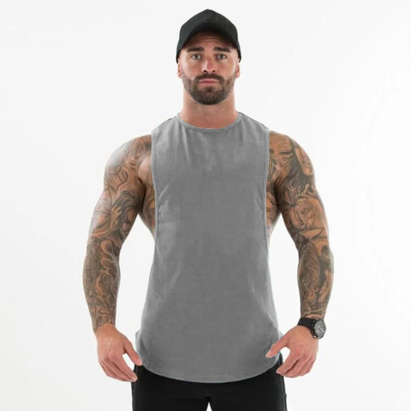 

Plain Bodybuilding Clothing Fitness Mens Flow Cut Off T-shirts Dropped Armholes Gym Tank Tops Workout Sleeveless Vest Tanktop