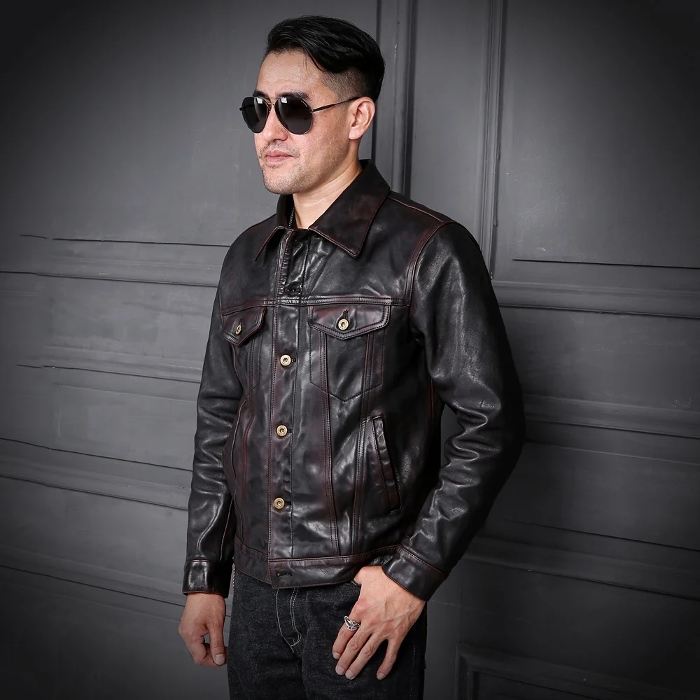 

Коричневая коллекция 2021 года, винтажная японская Повседневная стильная куртка из натуральной кожи, мужское приталенное короткое осеннее п...