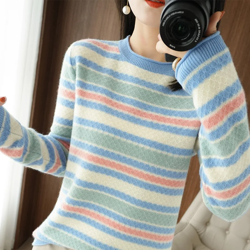 Women's Sweater Autumn And Winter 100% Pure Wool O-Neck Pullover Casual Striped Knit Tops Plus Size Female Jacket Korean Hot
Women's Sweater Autumn And Winter 100% Pure Wool O-Neck Pullover Casual Striped Knit Tops Plus Size Female Jacket Korean Hot
