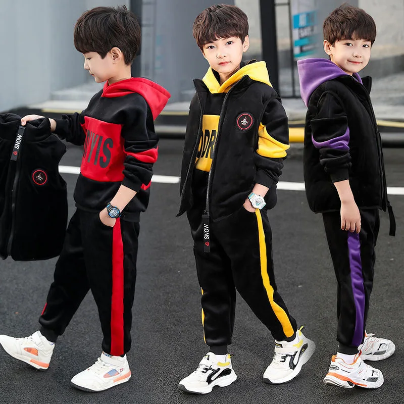Children's Wear Boys' Suit 2021 New Spring Autumn Clothes Plus Velvet Padded Three-piece Set Vest+Hoodies+Pants 4-14Y | Детская