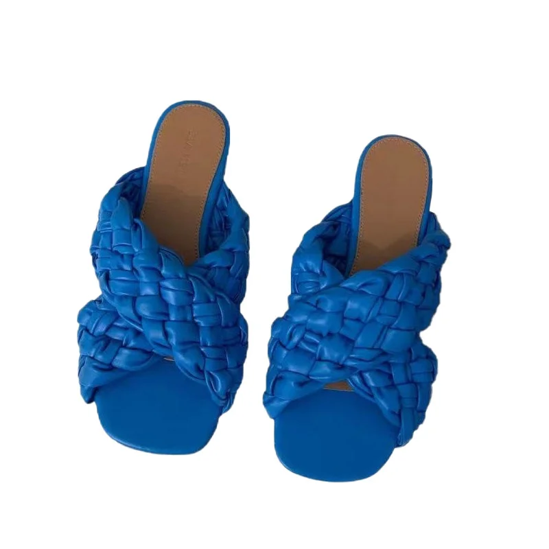 Spring and summer 2021 new cross knitting flat slippers square head fish mouth sandals 
Spring and summer 2021 new cross knitting flat slippers square head fish mouth sandals