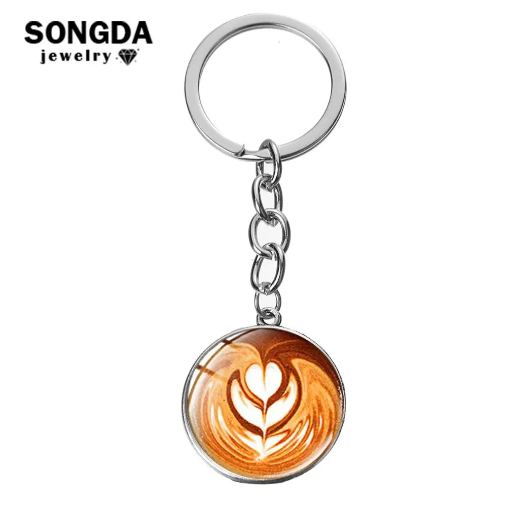 SONGDA Fashionable Cappuccino Coffee Keychain Hot Chocolate Art Pattern Glass Dome Pendant Key Chain Ring Gift for Lovers | Украшения и