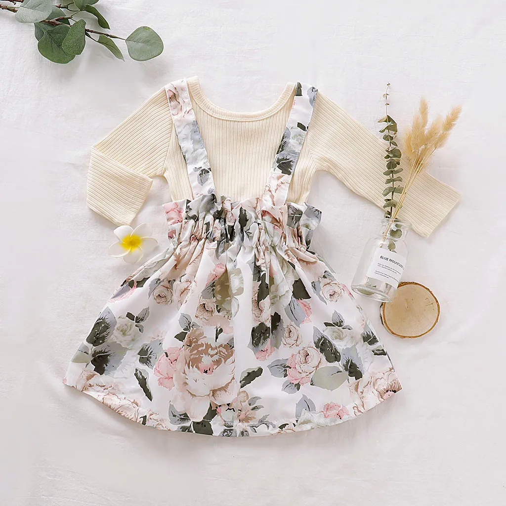 Newborn Baby Girl Winter Clothes Toddler Girls Knitting Tight Long Sleeve Solid Tops+Floral Print Suspender Skirts Outfits | Мать и
