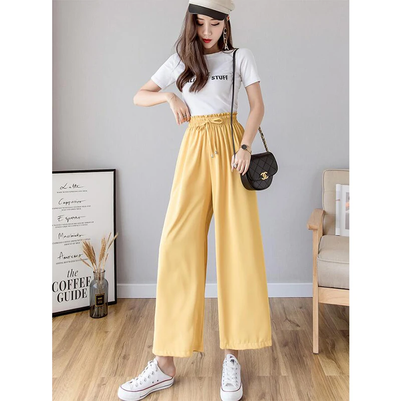 New Women Ice Silk knitted Wide Leg Pants Summer Elastic High Waist Drawstring Trousers Female Casual Loose Pant HH042
New Women Ice Silk knitted Wide Leg Pants Summer Elastic High Waist Drawstring Trousers Female Casual Loose Pant HH042