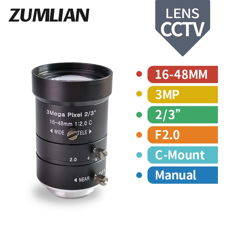 

Industrial Varifocal FA Lens HD 3MP C Mount 16-48mm 2/3" F2.0 Manual CCTV Lens for Video Surveillance Security Camera Lenses