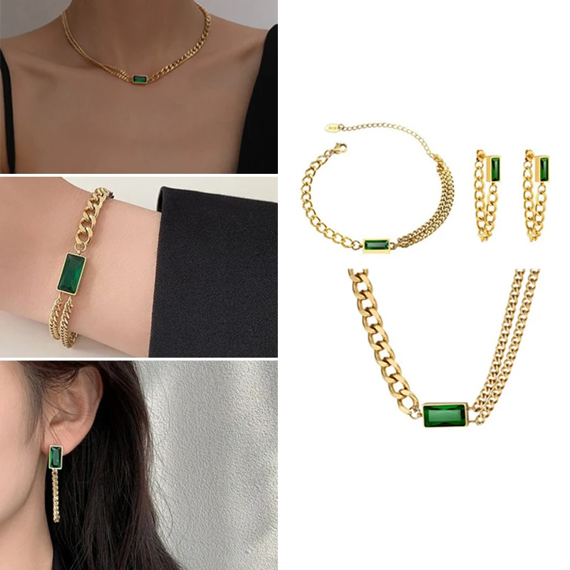 Popular Jewelry Set Golden Long Chain Geometric Rectangle Green Crystal Rhinestone Zircon Earrings Bracelet Necklace for Women
Popular Jewelry Set Golden Long Chain Geometric Rectangle Green Crystal Rhinestone Zircon Earrings Bracelet Necklace for Women