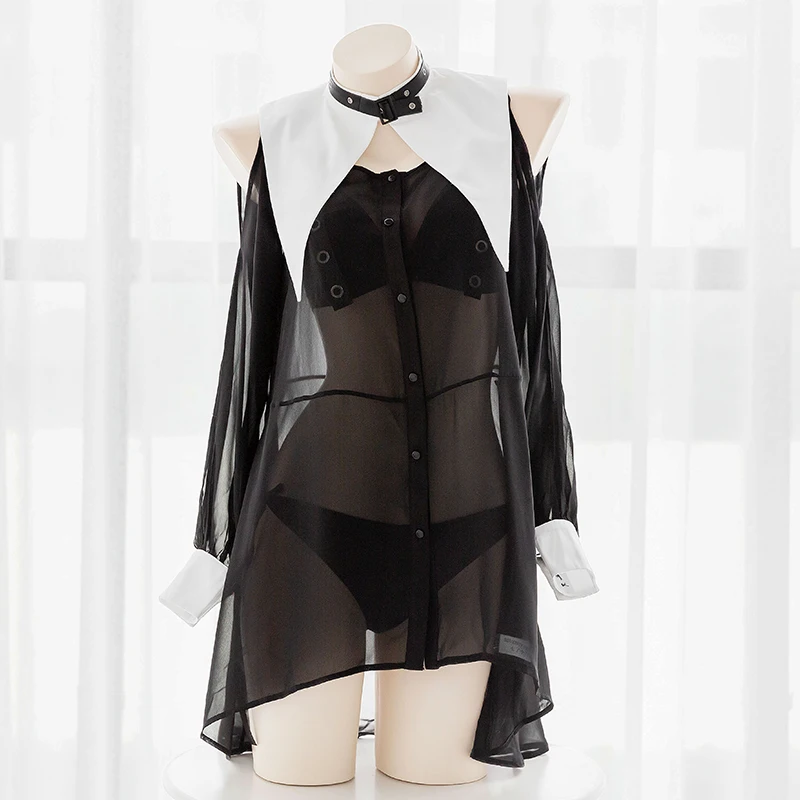 Women Sexy Subtranslucent Nun Uniform Sleepwear Retro Japanese Simple Black Chiffon Perspective Dress Underwear Suit Cosplay
Women Sexy Subtranslucent Nun Uniform Sleepwear Retro Japanese Simple Black Chiffon Perspective Dress Underwear Suit Cosplay