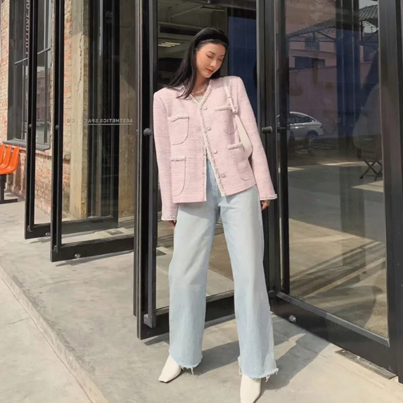 Spring New Women's Tweed Jacket Autumn Korea Luxury Fashion Single-Breasted Long Sleeve Elegant Slim Woolen Coat Outwear