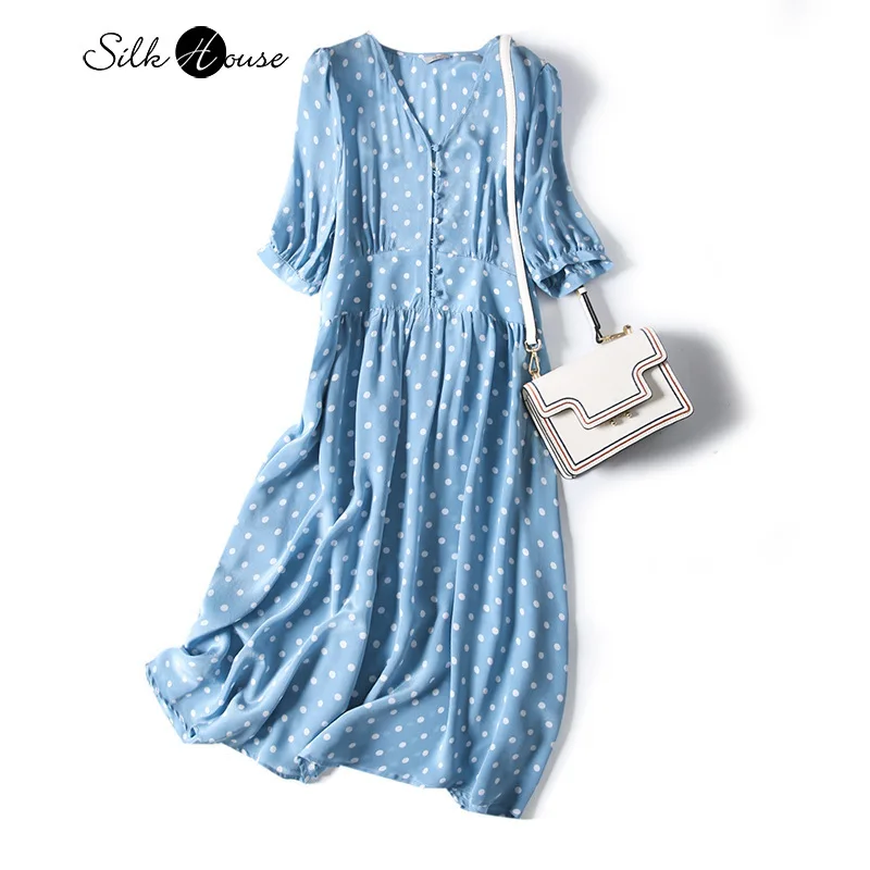 Dot Prints Sky Blue Silk Dress Female Silk Temperament V-neck French Slim A- line Dress Summer
Dot Prints Sky Blue Silk Dress Female Silk Temperament V-neck French Slim A- line Dress Summer