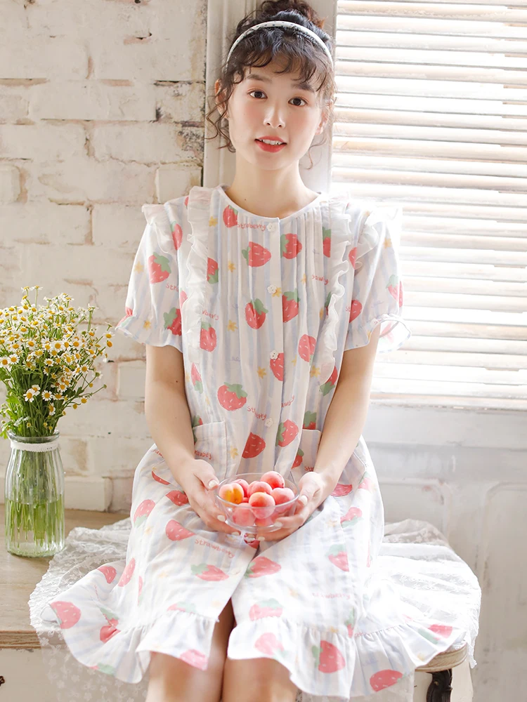 Hanxiuju Summer Cotton Women's Sweet Nightgowns Fruits Cartoon Pattern Short Sleeve Sleepwear Girls Loose Dress
Hanxiuju Summer Cotton Women's Sweet Nightgowns Fruits Cartoon Pattern Short Sleeve Sleepwear Girls Loose Dress