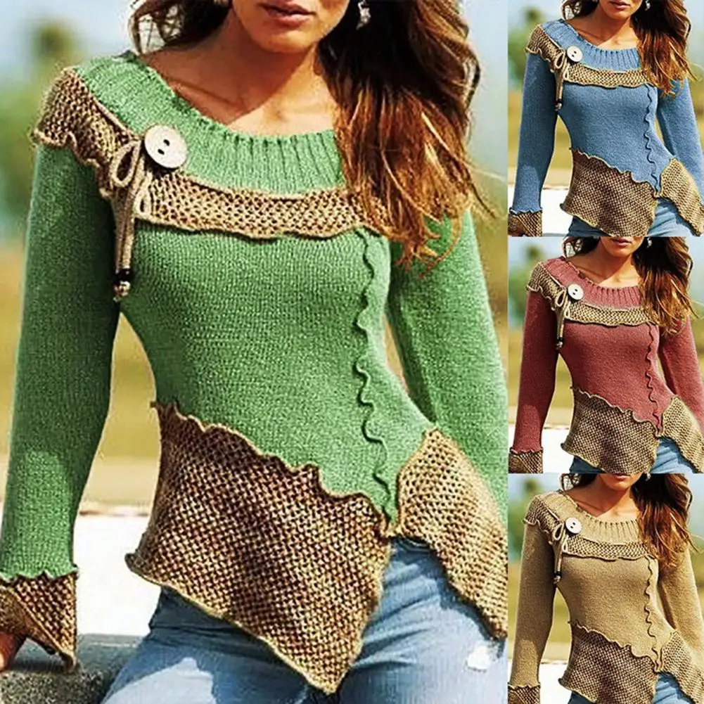 Patchwok Long Sleeve Knitted Sweater Button Decor O-Neck Split Hem Bow Women Knitwear Outerwear
Patchwok Long Sleeve Knitted Sweater Button Decor O-Neck Split Hem Bow Women Knitwear Outerwear