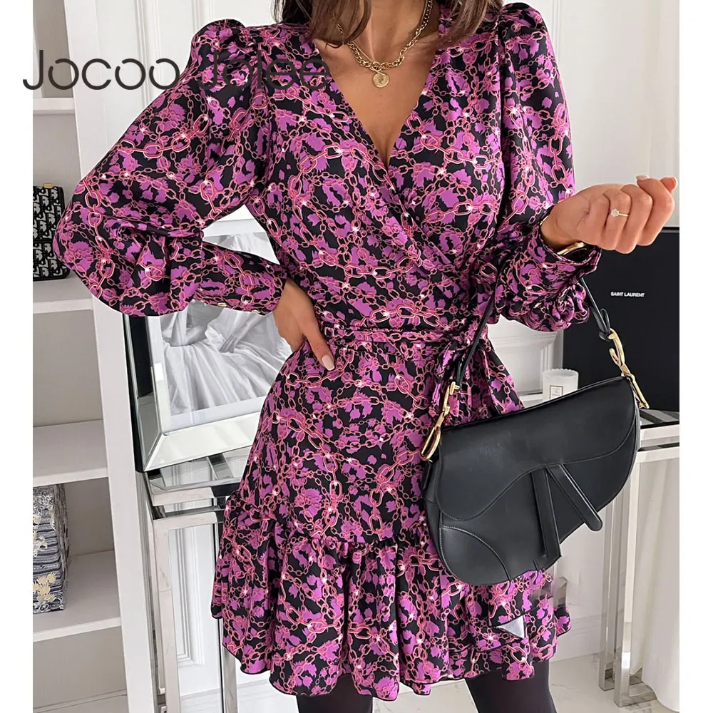 

Jocoo Jolee Women Puff Long Sleeve Print Dress Casual V Neck Lace Up Pleated A Line Dress Autumn Elegant Vintage Club Mini Dress