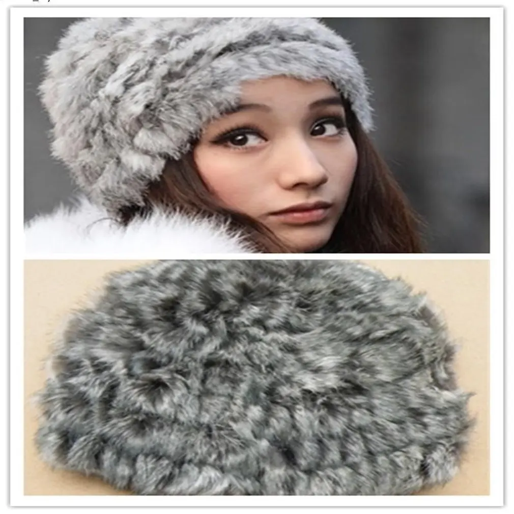 Women Rabbit Fur Knitted Cap Ladies Knitting wool Casual beanies caps cute Girls cap winter thick warm hats Russian Style | Аксессуары
