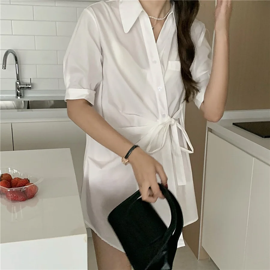Summer Casual Irregular Lace-Up Waist Turn-Down Collar Single Breasted Tops Female Design Sense Short-Sleeved Solid Color Shirt
Summer Casual Irregular Lace-Up Waist Turn-Down Collar Single Breasted Tops Female Design Sense Short-Sleeved Solid Color Shirt