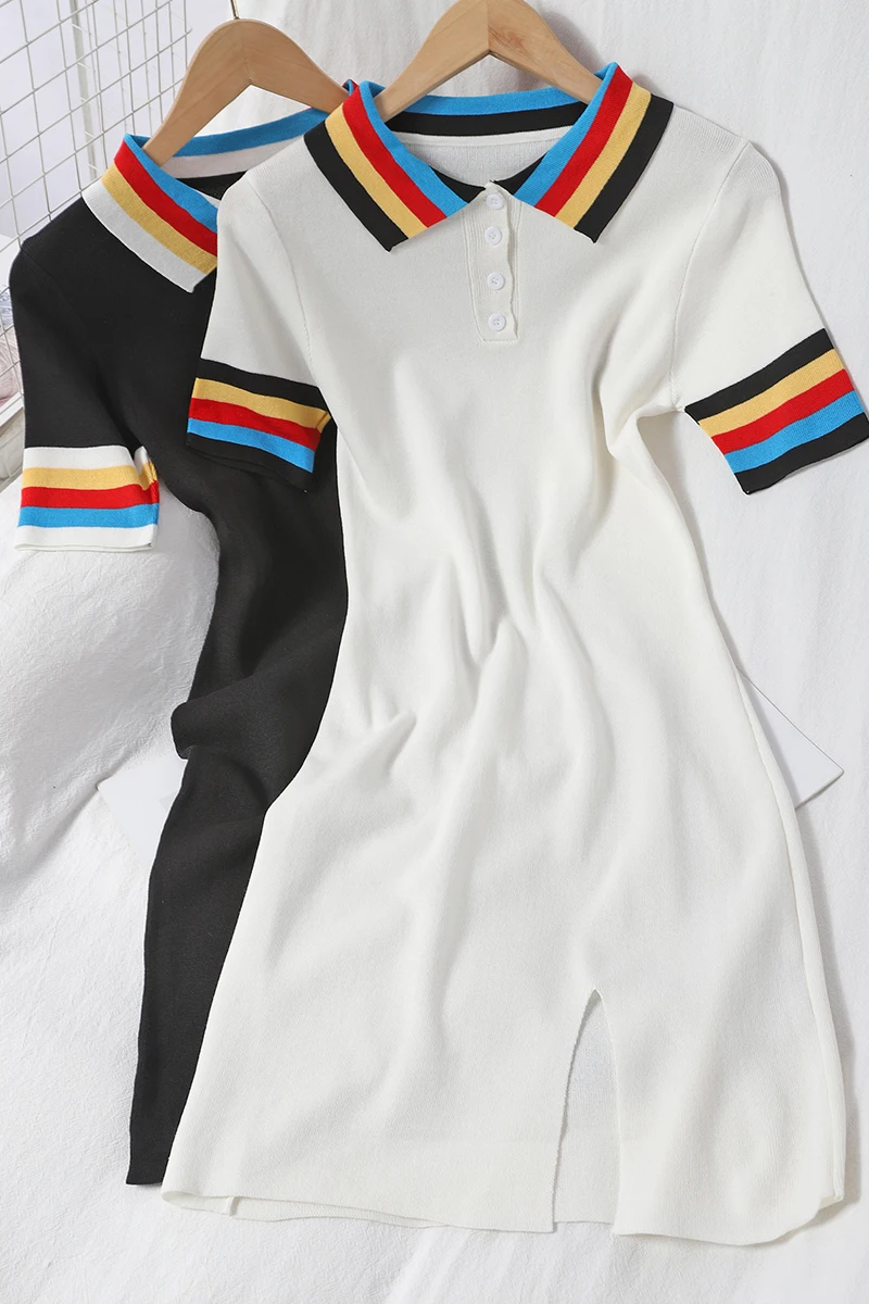 Casual Knitted Summer Women Dress Vintage Turn Down Collar Striped Short Sleeve Spilt Out Female Harujuku Dress W9233 
Casual Knitted Summer Women Dress Vintage Turn Down Collar Striped Short Sleeve Spilt Out Female Harujuku Dress W9233
