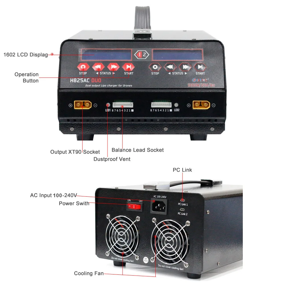 

HTRC 1200W Dual Port Battery Drone Balance Charger High Power H825AC DUO 25A 1-8s Lipo/Lihv For Rc Agricultural Spraying UAV