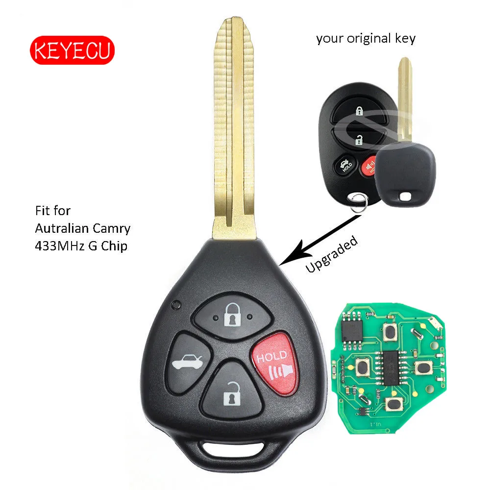 Обновленный дистанционный Автомобильный ключ Keyecu с 4 кнопками, 433 МГц, G-чип для Autralian Toyota Camry 2006-2011 
Обновленный дистанционный Автомобильный ключ Keyecu с 4 кнопками, 433 МГц, G-чип для Autralian Toyota Camry 2006-2011