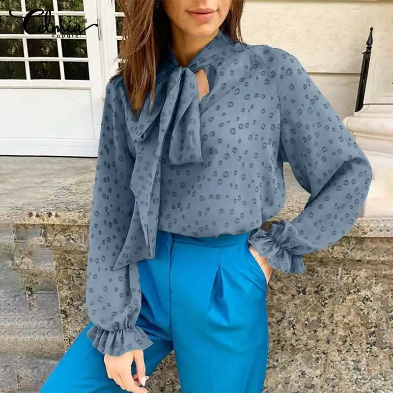 Celmia 2021 Autumn Tops Women's Blouses Elegant Bow Tie Casual Flare Sleeve Fashion Water Drop Loose Office Blusas Femininas
Celmia 2021 Autumn Tops Women's Blouses Elegant Bow Tie Casual Flare Sleeve Fashion Water Drop Loose Office Blusas Femininas