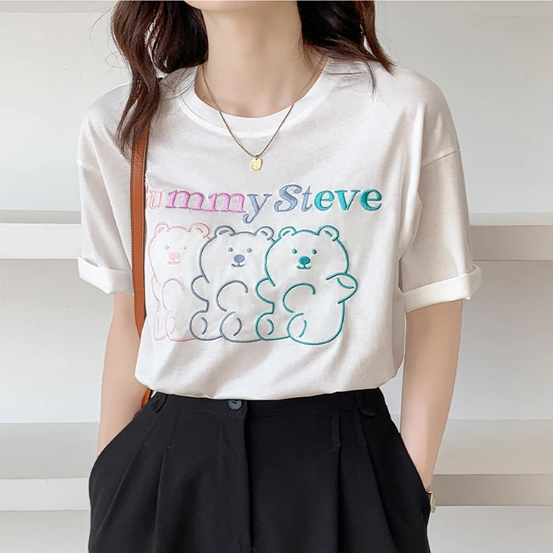 2021 Women Bear Embroidered Cotton T-shirt Fashion O-neck Short Sleeve Cartoon Embroidery T-shirt Summer Mid-length Loose Top
2021 Women Bear Embroidered Cotton T-shirt Fashion O-neck Short Sleeve Cartoon Embroidery T-shirt Summer Mid-length Loose Top