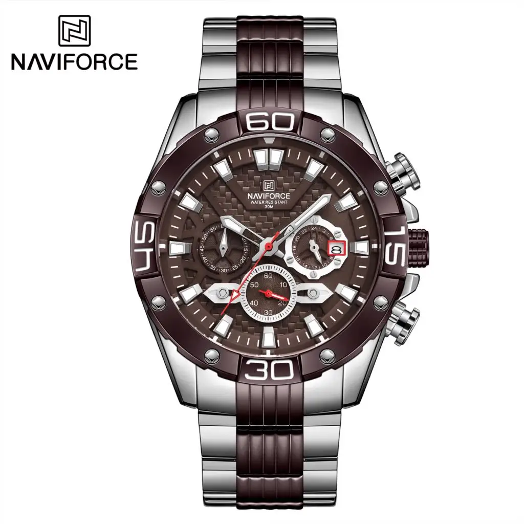 NAVIFORCE Men Military Sport Watch Silver Coffee Quartz Steel Waterproof Watches Multifunction Male Clock Relogio Masculino New
NAVIFORCE Men Military Sport Watch Silver Coffee Quartz Steel Waterproof Watches Multifunction Male Clock Relogio Masculino New